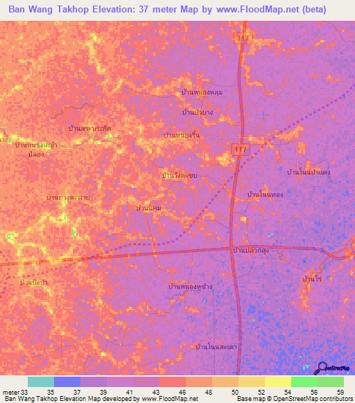 Ban Wang Takhop,Thailand Elevation Map