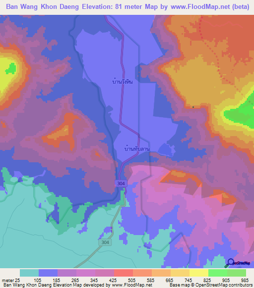 Ban Wang Khon Daeng,Thailand Elevation Map