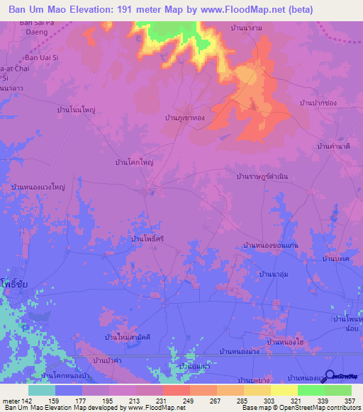 Ban Um Mao,Thailand Elevation Map