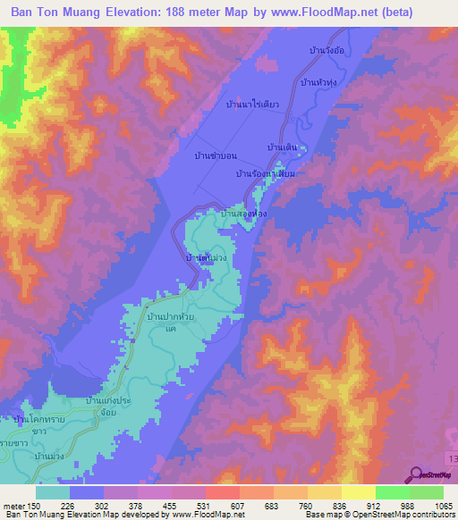 Ban Ton Muang,Thailand Elevation Map