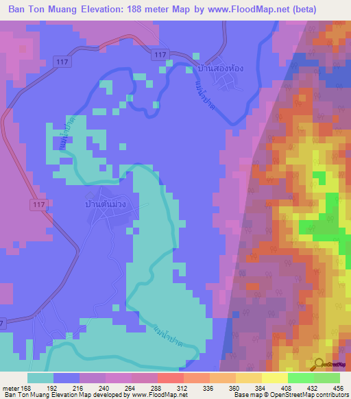 Ban Ton Muang,Thailand Elevation Map