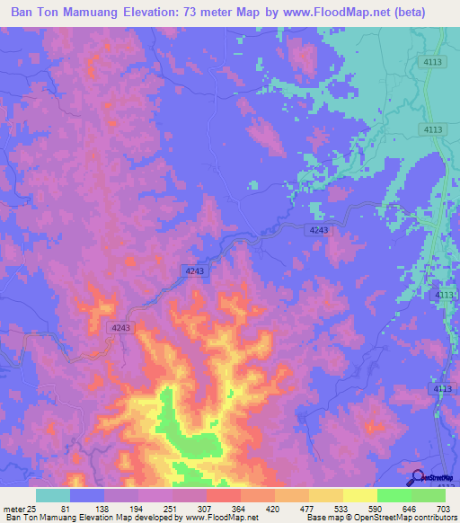 Ban Ton Mamuang,Thailand Elevation Map