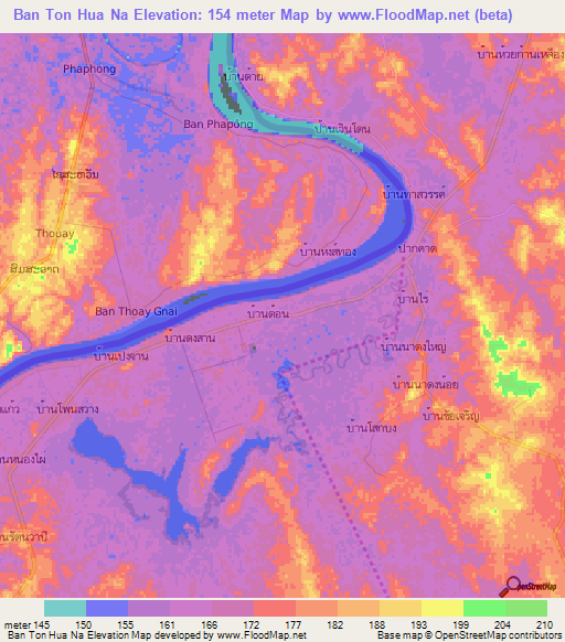 Ban Ton Hua Na,Thailand Elevation Map