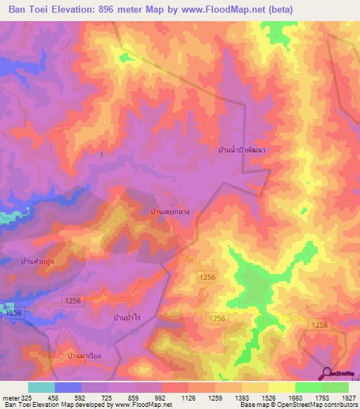 Ban Toei,Thailand Elevation Map