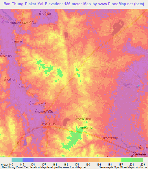 Ban Thung Plakat Yai,Thailand Elevation Map