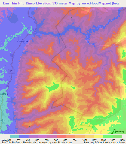 Ban Thin Phu Dinso,Thailand Elevation Map