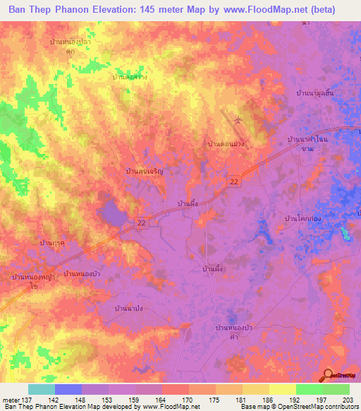 Ban Thep Phanon,Thailand Elevation Map