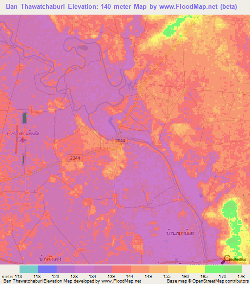 Ban Thawatchaburi,Thailand Elevation Map