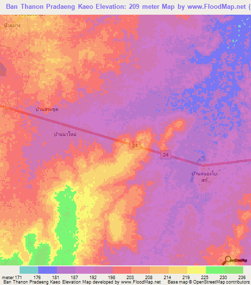 Ban Thanon Pradaeng Kaeo,Thailand Elevation Map
