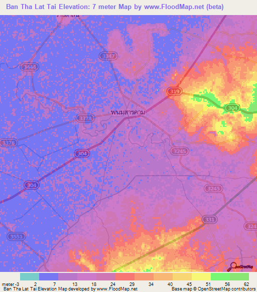 Ban Tha Lat Tai,Thailand Elevation Map