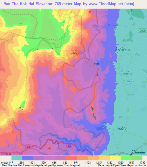 Ban Tha Kok Hai,Thailand Elevation Map