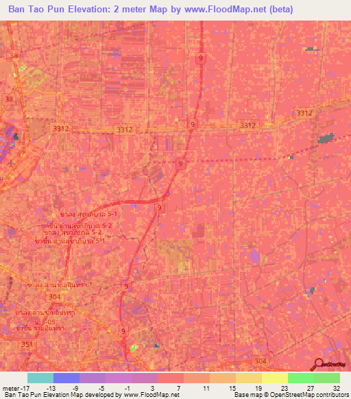 Ban Tao Pun,Thailand Elevation Map