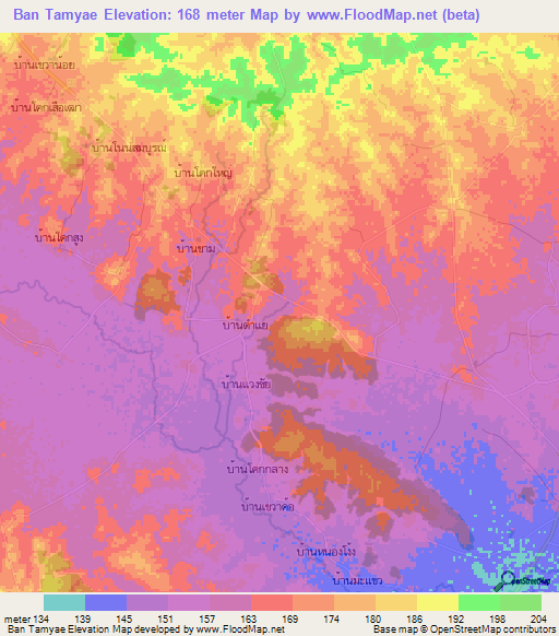 Ban Tamyae,Thailand Elevation Map