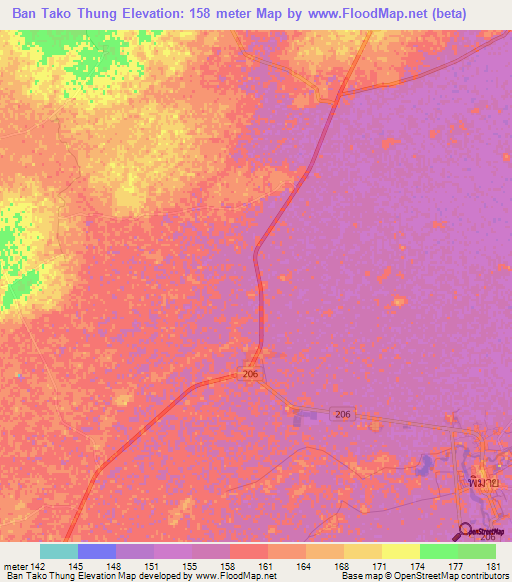 Ban Tako Thung,Thailand Elevation Map