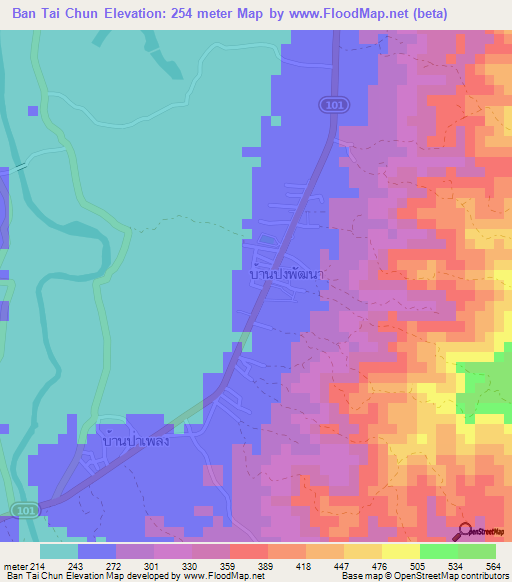 Ban Tai Chun,Thailand Elevation Map