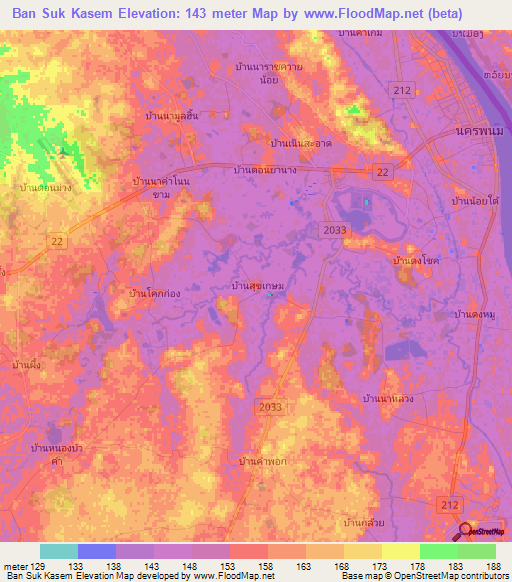Ban Suk Kasem,Thailand Elevation Map