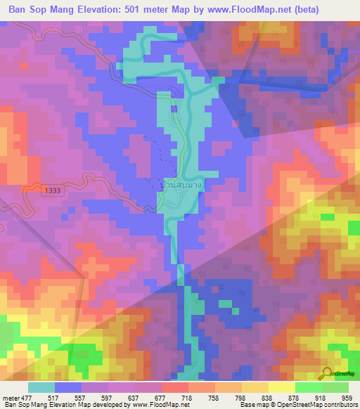Ban Sop Mang,Thailand Elevation Map