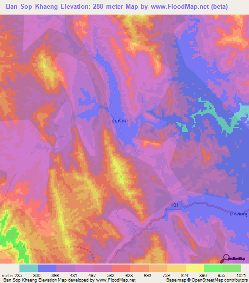 Ban Sop Khaeng,Thailand Elevation Map