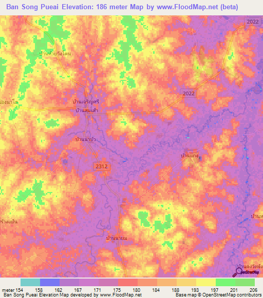 Ban Song Pueai,Thailand Elevation Map