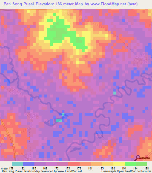 Ban Song Pueai,Thailand Elevation Map