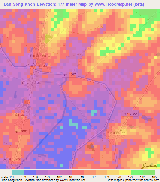 Ban Song Khon,Thailand Elevation Map