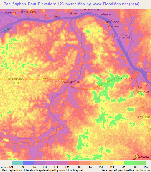 Ban Saphan Dom,Thailand Elevation Map