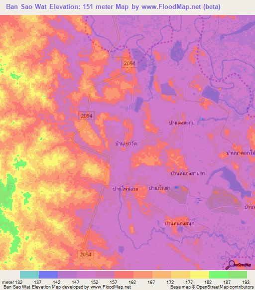Ban Sao Wat,Thailand Elevation Map