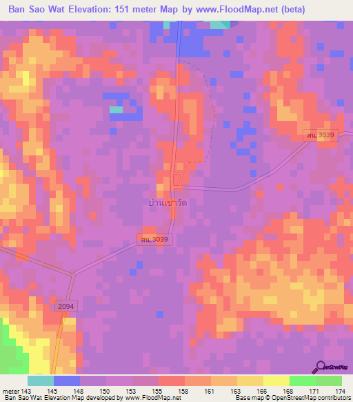Ban Sao Wat,Thailand Elevation Map