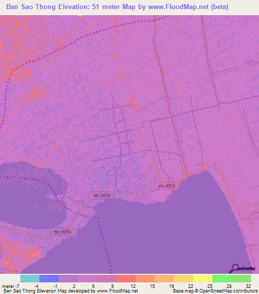 Ban Sao Thong,Thailand Elevation Map