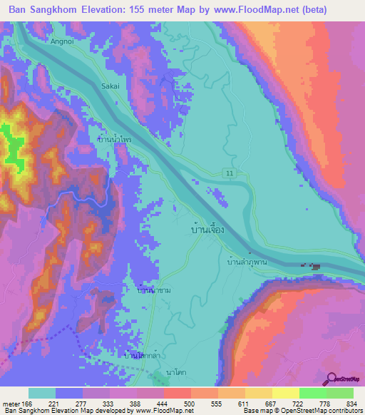 Ban Sangkhom,Thailand Elevation Map