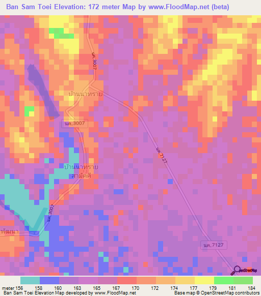 Ban Sam Toei,Thailand Elevation Map