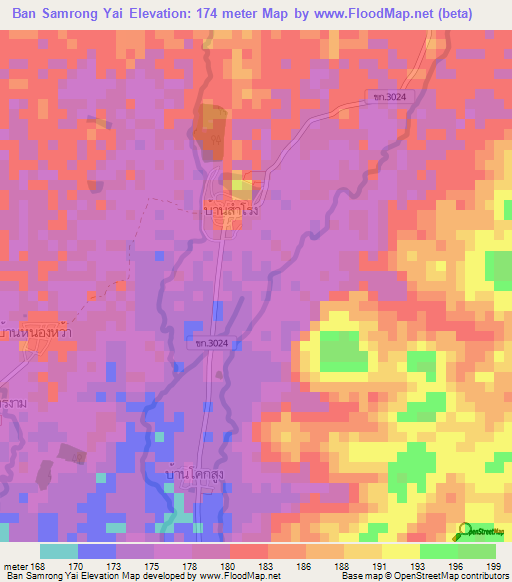 Ban Samrong Yai,Thailand Elevation Map