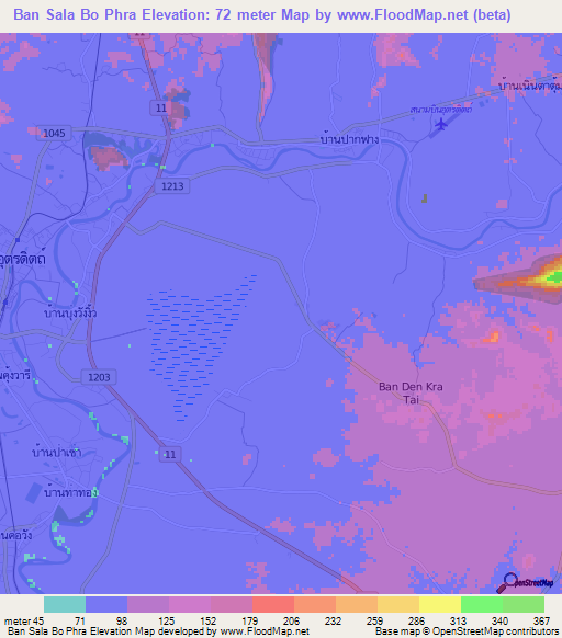 Ban Sala Bo Phra,Thailand Elevation Map