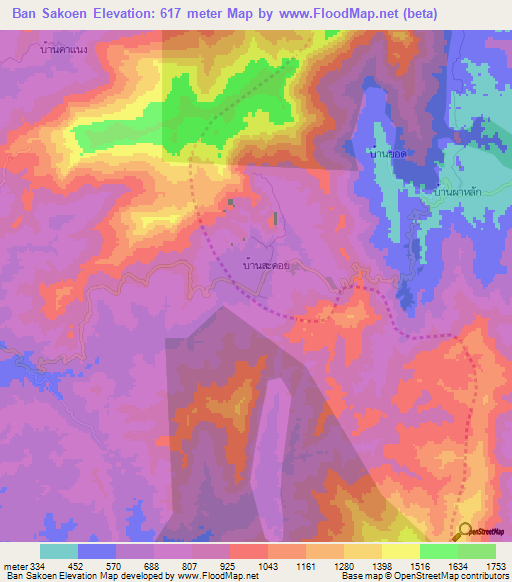 Ban Sakoen,Thailand Elevation Map