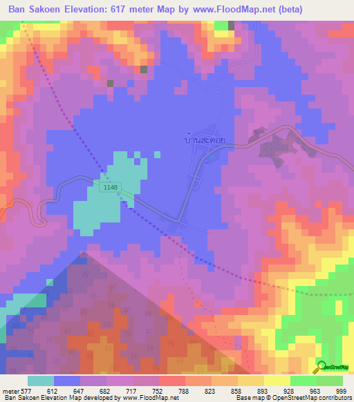 Ban Sakoen,Thailand Elevation Map