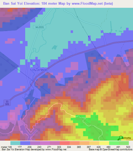 Ban Sai Yoi,Thailand Elevation Map