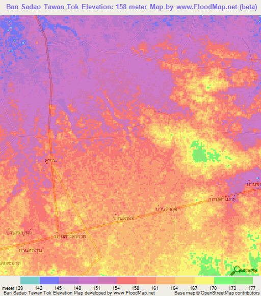 Ban Sadao Tawan Tok,Thailand Elevation Map
