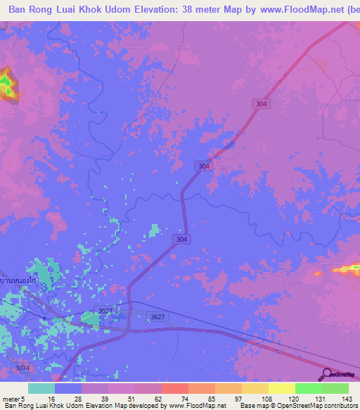 Ban Rong Luai Khok Udom,Thailand Elevation Map