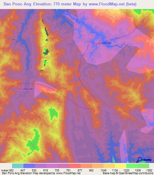 Ban Pono Ang,Thailand Elevation Map