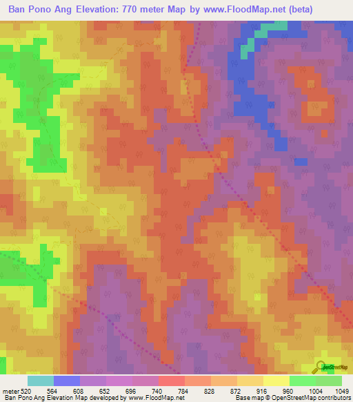Ban Pono Ang,Thailand Elevation Map