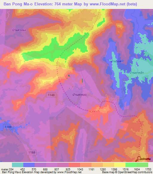 Ban Pong Ma-o,Thailand Elevation Map