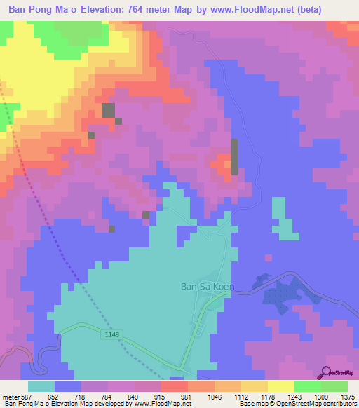 Ban Pong Ma-o,Thailand Elevation Map