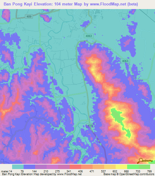 Ban Pong Kayi,Thailand Elevation Map
