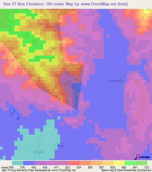 Ban Pi Nua,Thailand Elevation Map
