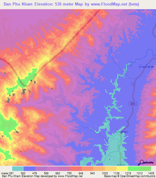 Ban Phu Kham,Thailand Elevation Map