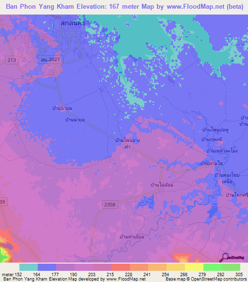 Ban Phon Yang Kham,Thailand Elevation Map