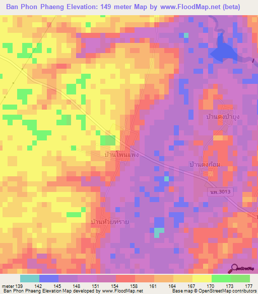 Ban Phon Phaeng,Thailand Elevation Map