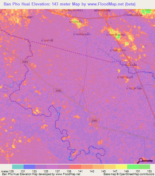 Ban Pho Huai,Thailand Elevation Map