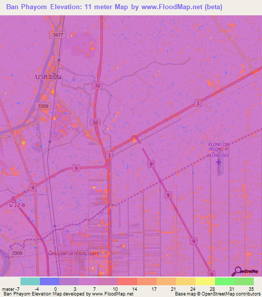 Ban Phayom,Thailand Elevation Map
