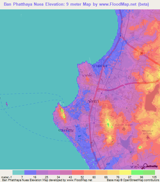 Ban Phatthaya Nuea,Thailand Elevation Map